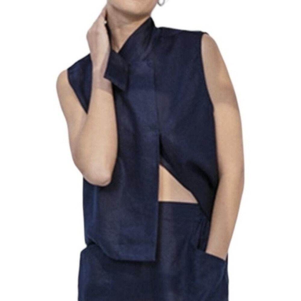 Lunya Sleeveless Linen Shirt Navy Blue Large NWT